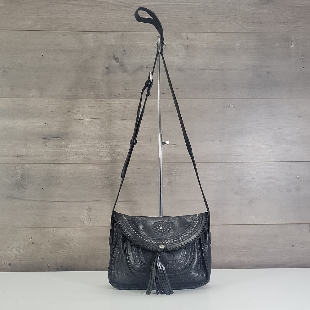 Patricia Nash Beaumont Black Leather Tooled Crossbody Shoulder Bag Purse Satchel